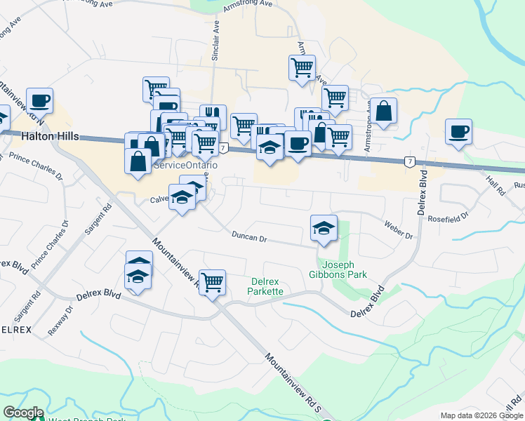 map of restaurants, bars, coffee shops, grocery stores, and more near 20 Langstone Crescent in Halton Hills