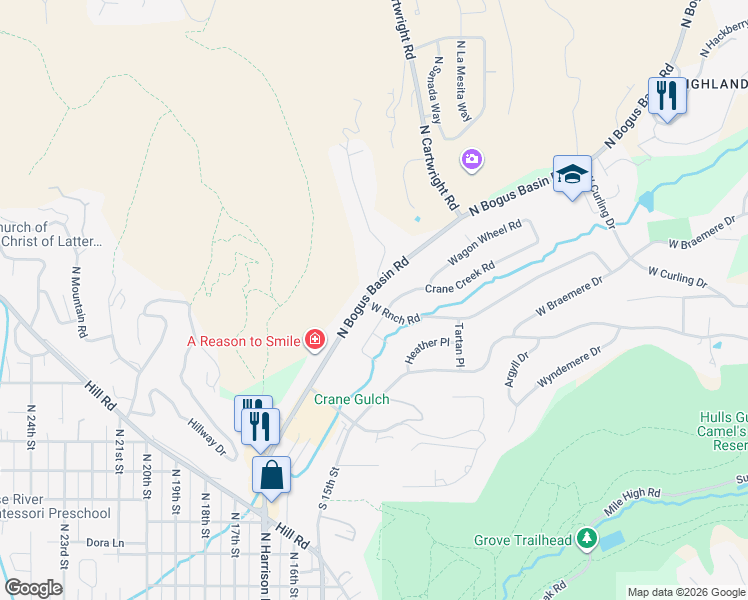 map of restaurants, bars, coffee shops, grocery stores, and more near 1410 Ranch Road in Boise