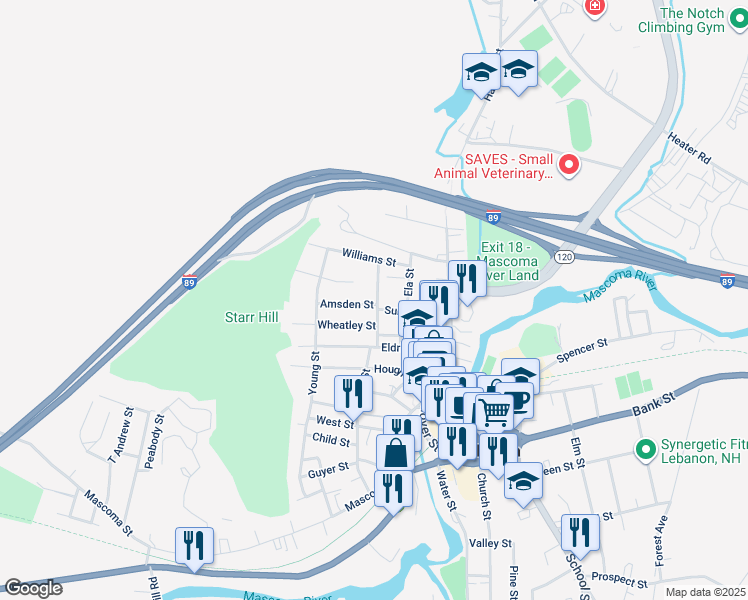 map of restaurants, bars, coffee shops, grocery stores, and more near 18 Colburn Street in Lebanon