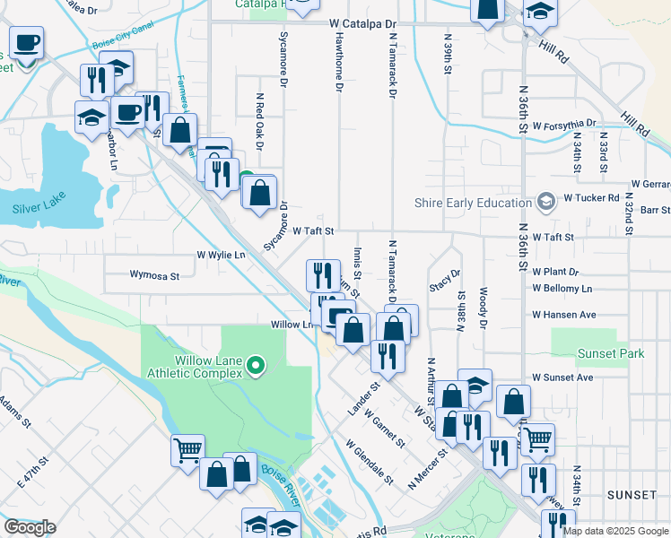 map of restaurants, bars, coffee shops, grocery stores, and more near 4306 Plum Street in Boise