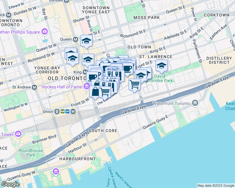 map of restaurants, bars, coffee shops, grocery stores, and more near 66 The Esplanade in Toronto