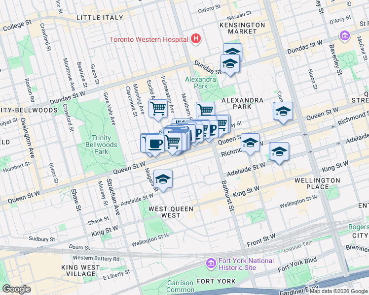 map of restaurants, bars, coffee shops, grocery stores, and more near in Toronto