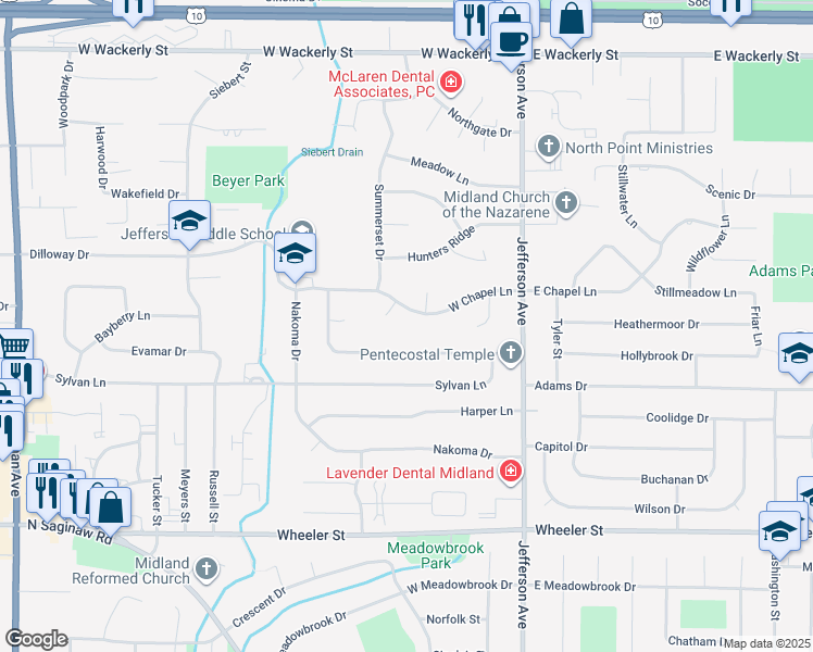 map of restaurants, bars, coffee shops, grocery stores, and more near 405 West Chapel Lane in Midland