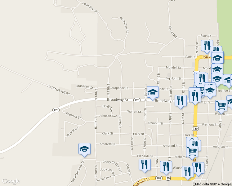 map of restaurants, bars, coffee shops, grocery stores, and more near 124 N 12th St in Thermopolis