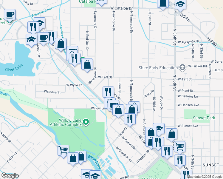 map of restaurants, bars, coffee shops, grocery stores, and more near 4306 Plum Street in Boise
