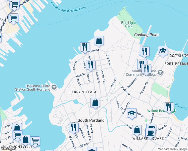 map of restaurants, bars, coffee shops, grocery stores, and more near 140 Sawyer Street in South Portland