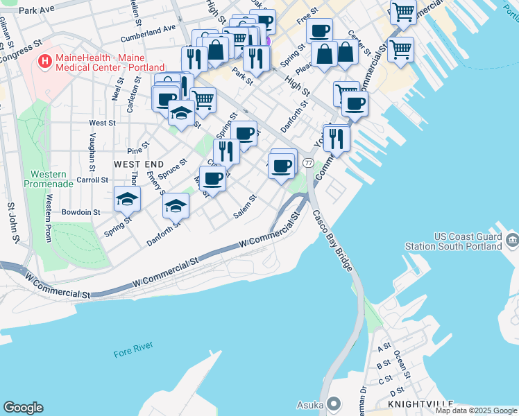 map of restaurants, bars, coffee shops, grocery stores, and more near 39 Sumner Court in Portland