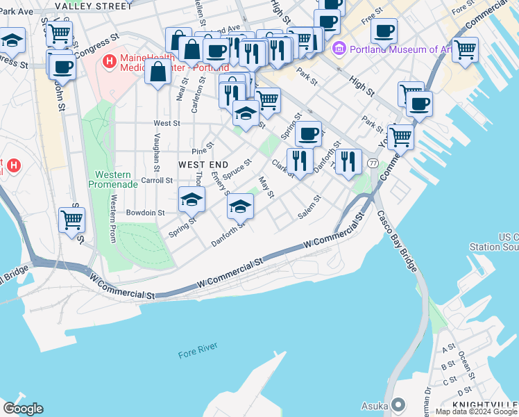 map of restaurants, bars, coffee shops, grocery stores, and more near 279 Danforth Street in Portland