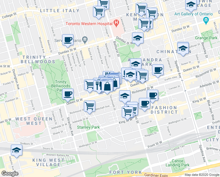 map of restaurants, bars, coffee shops, grocery stores, and more near in Toronto