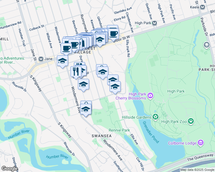 map of restaurants, bars, coffee shops, grocery stores, and more near 25 Runnymede Road in Toronto