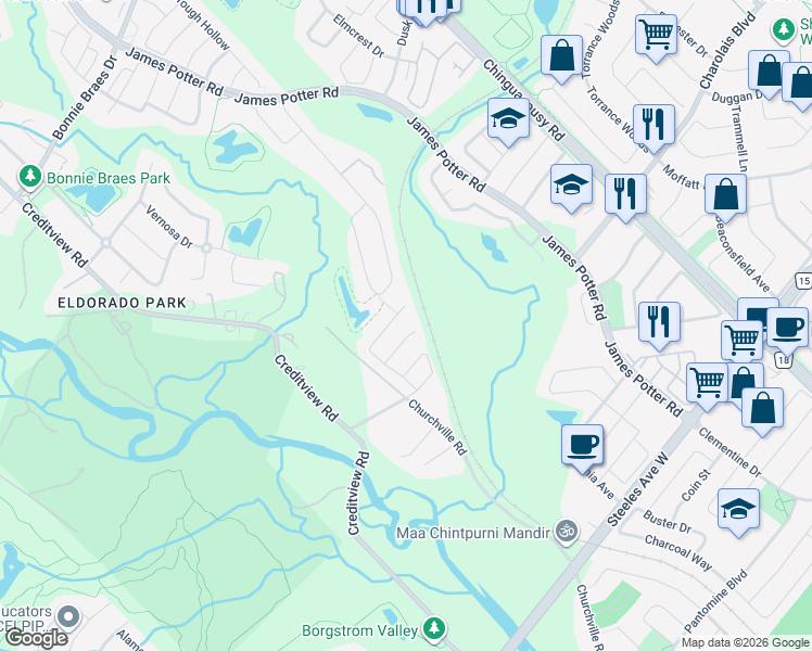 map of restaurants, bars, coffee shops, grocery stores, and more near 4 Coach House Court in Brampton