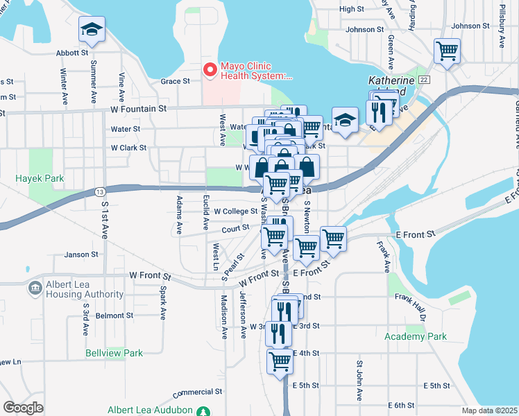 map of restaurants, bars, coffee shops, grocery stores, and more near 206 West College Street in Albert Lea