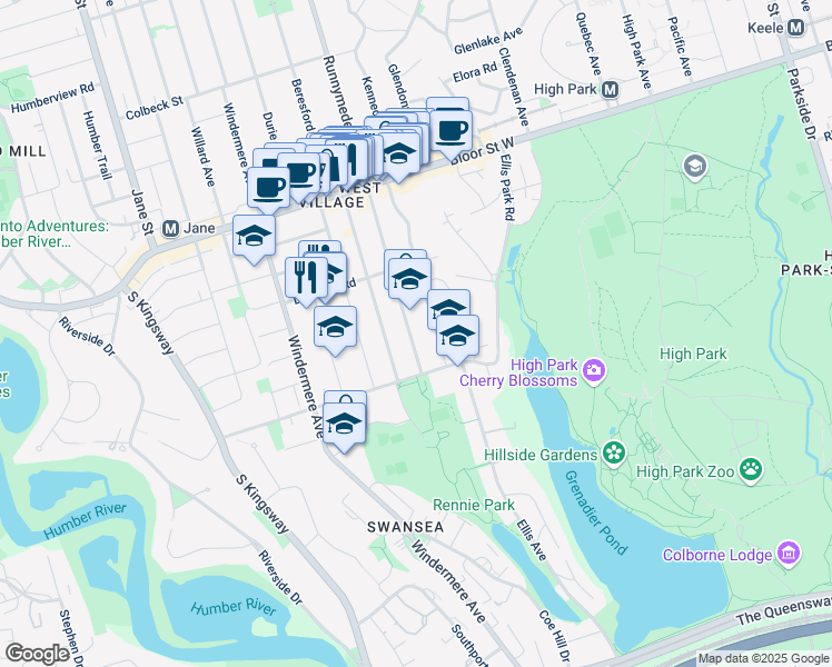 map of restaurants, bars, coffee shops, grocery stores, and more near 25 Runnymede Road in Toronto