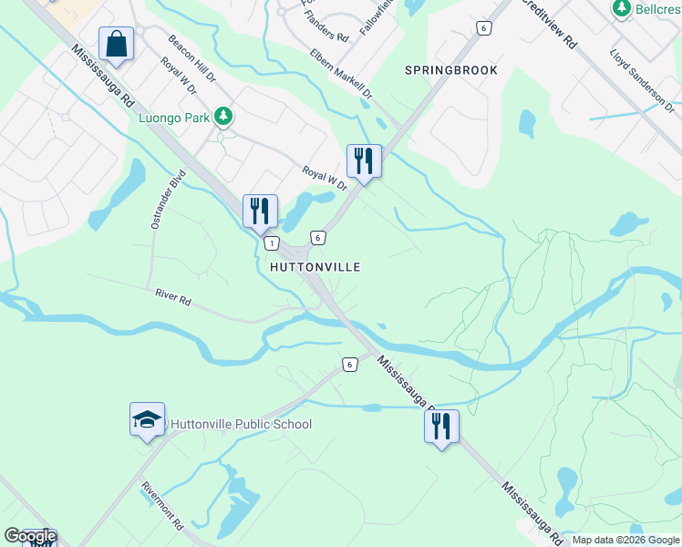 map of restaurants, bars, coffee shops, grocery stores, and more near 1951 Queen Street West in Brampton