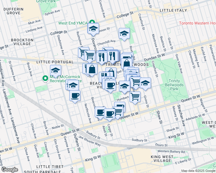 map of restaurants, bars, coffee shops, grocery stores, and more near 209 Dovercourt Road in Toronto