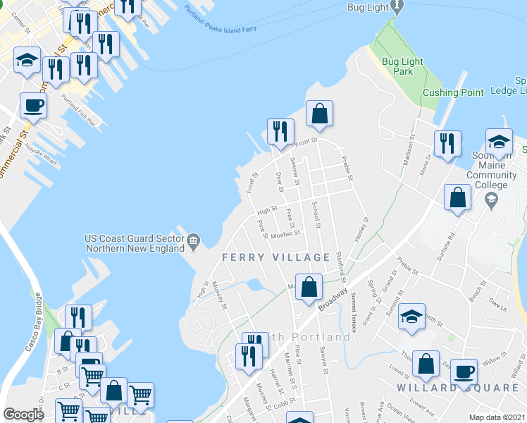 map of restaurants, bars, coffee shops, grocery stores, and more near High Street in South Portland