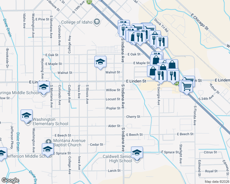 map of restaurants, bars, coffee shops, grocery stores, and more near 1921 Willow Street in Caldwell