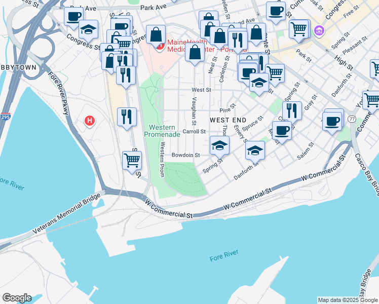 map of restaurants, bars, coffee shops, grocery stores, and more near 29 Bowdoin Street in Portland