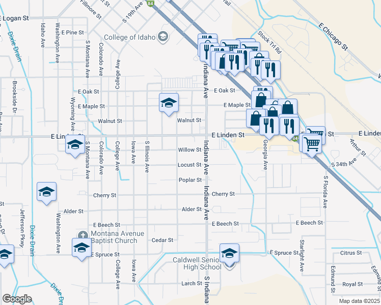 map of restaurants, bars, coffee shops, grocery stores, and more near 1921 Willow Street in Caldwell