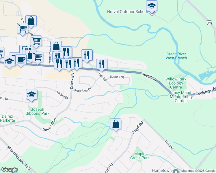 map of restaurants, bars, coffee shops, grocery stores, and more near 26 Hall Road in Halton Hills