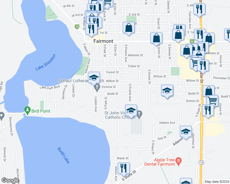 map of restaurants, bars, coffee shops, grocery stores, and more near 321 Budd Street in Fairmont