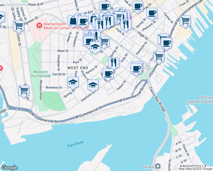 map of restaurants, bars, coffee shops, grocery stores, and more near 254 Danforth Street in Portland