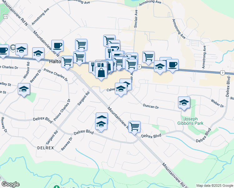 map of restaurants, bars, coffee shops, grocery stores, and more near 34 Calvert Drive in Halton Hills