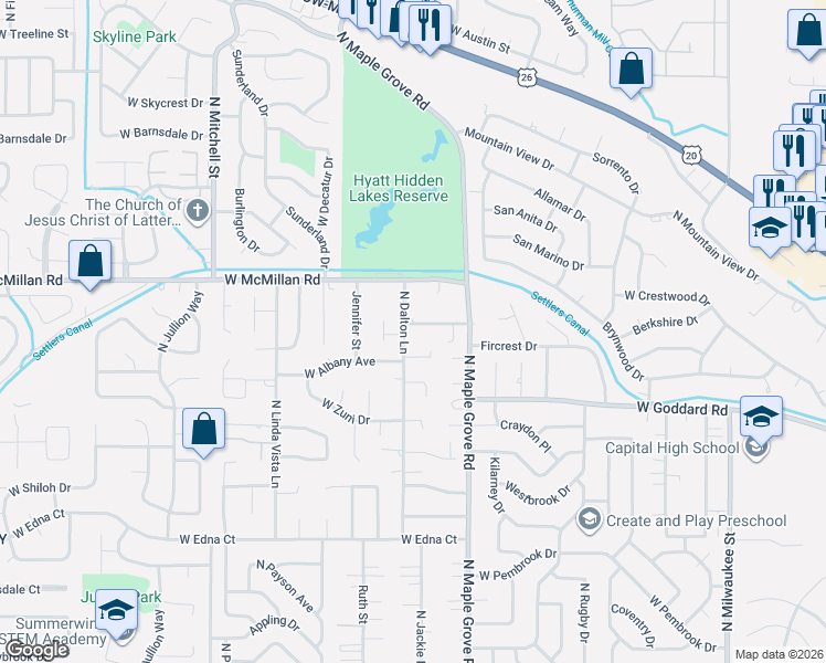 map of restaurants, bars, coffee shops, grocery stores, and more near 9131 West Pattie Drive in Boise
