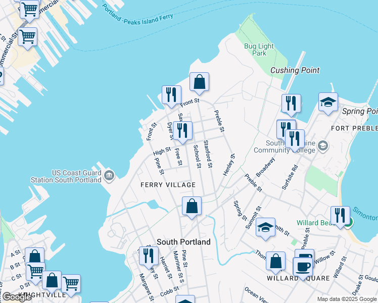 map of restaurants, bars, coffee shops, grocery stores, and more near 140 Sawyer Street in South Portland
