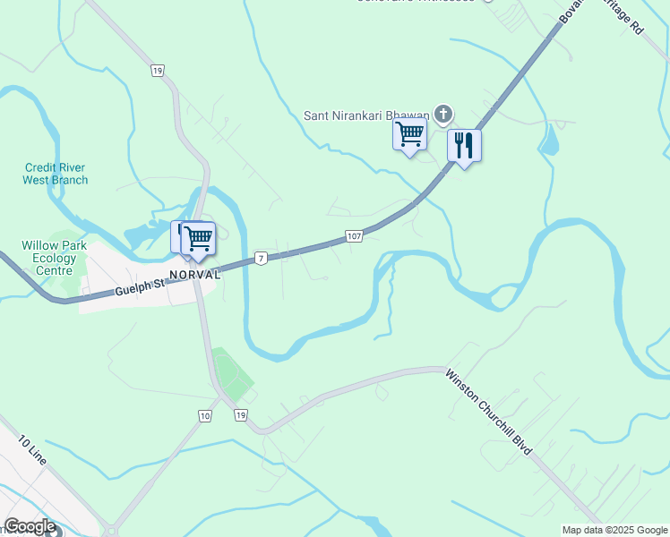 map of restaurants, bars, coffee shops, grocery stores, and more near 7 Caseley Drive in Brampton