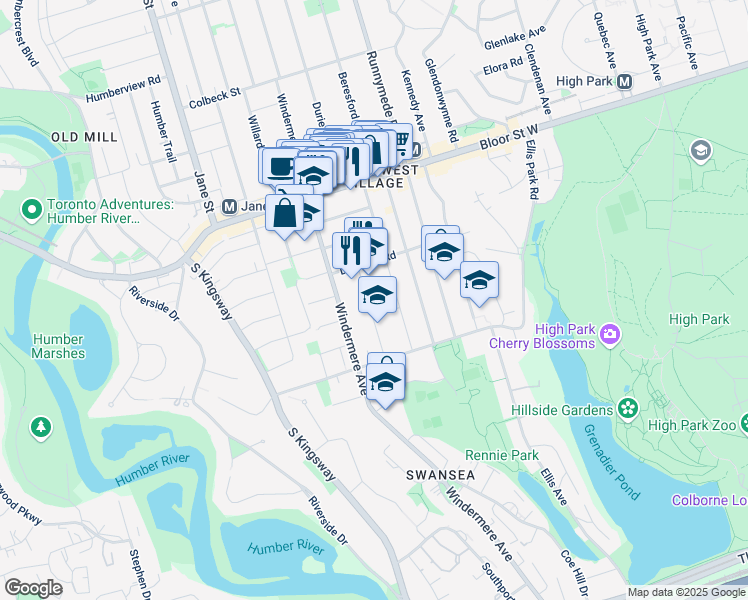 map of restaurants, bars, coffee shops, grocery stores, and more near 87 Lavinia Avenue in Toronto
