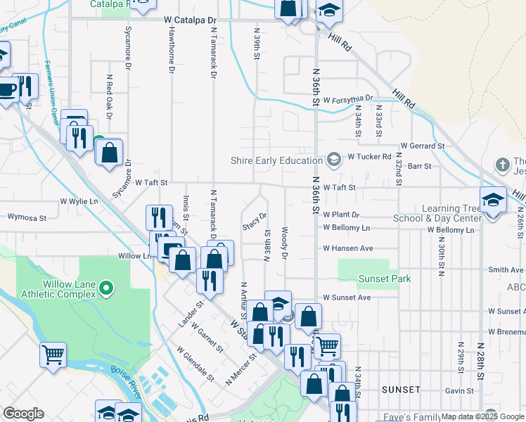 map of restaurants, bars, coffee shops, grocery stores, and more near 3880 Stacy Drive in Boise