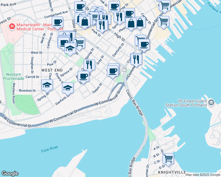 map of restaurants, bars, coffee shops, grocery stores, and more near 267 York Street in Portland