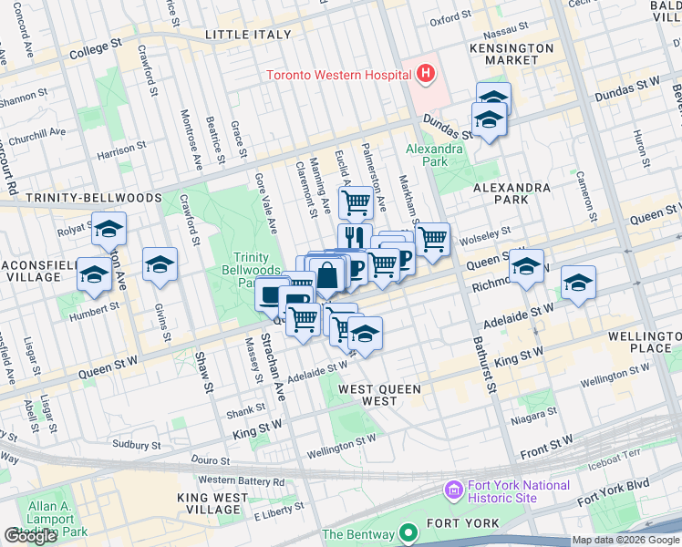 map of restaurants, bars, coffee shops, grocery stores, and more near 730 Queen Street West in Toronto
