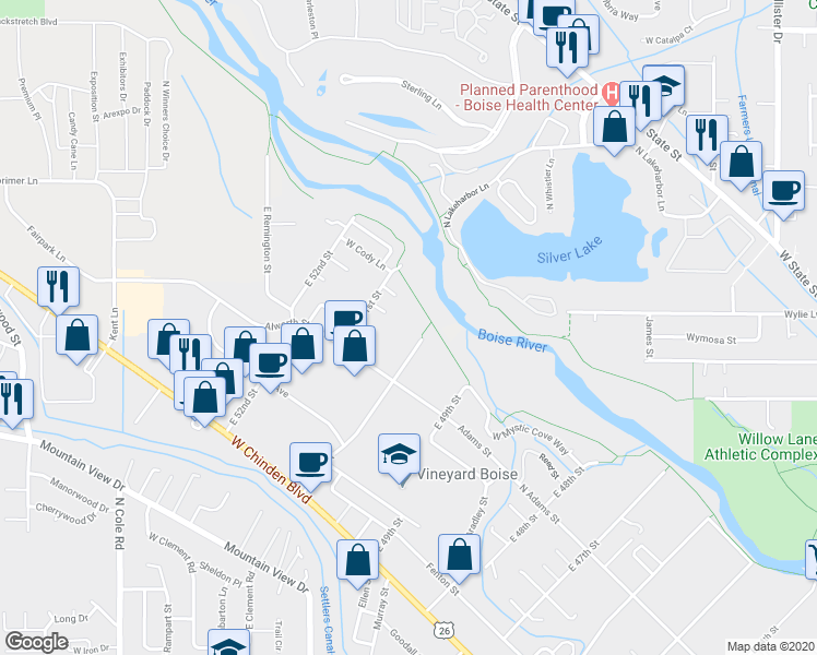 map of restaurants, bars, coffee shops, grocery stores, and more near 506 East 50th Street in Boise