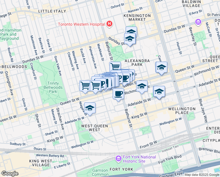 map of restaurants, bars, coffee shops, grocery stores, and more near 6 Markham Street in Toronto