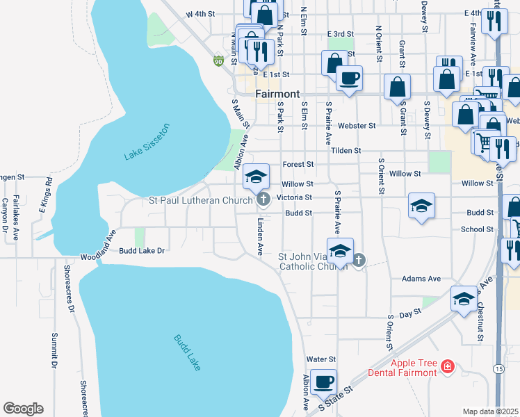 map of restaurants, bars, coffee shops, grocery stores, and more near 1950 Oxford Street in Fairmont