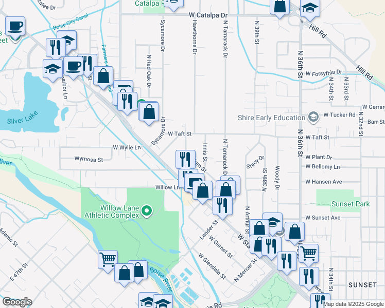 map of restaurants, bars, coffee shops, grocery stores, and more near 4306 Plum Street in Boise