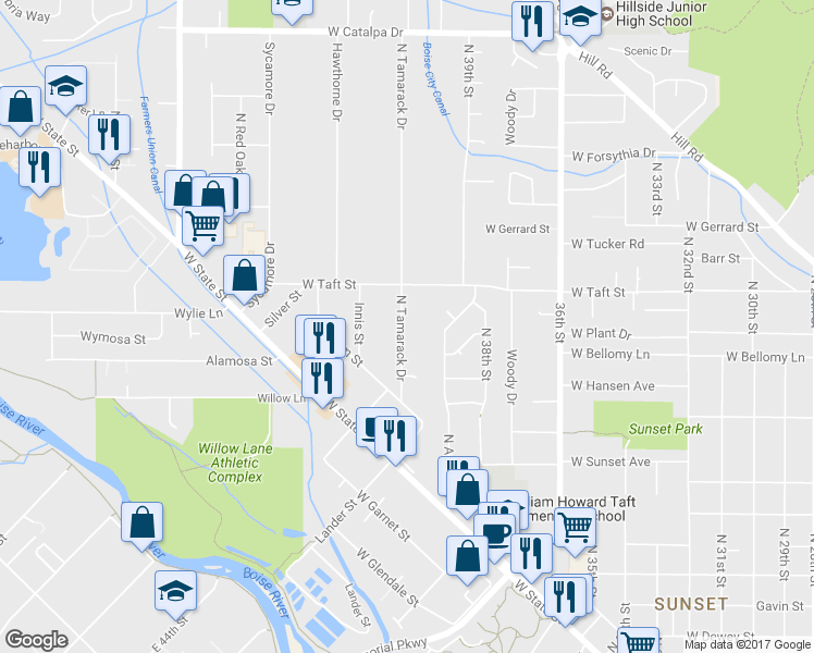 map of restaurants, bars, coffee shops, grocery stores, and more near 2920 North Tamarack Drive in Boise