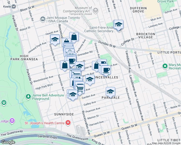 map of restaurants, bars, coffee shops, grocery stores, and more near 52 Fermanagh Avenue in Toronto