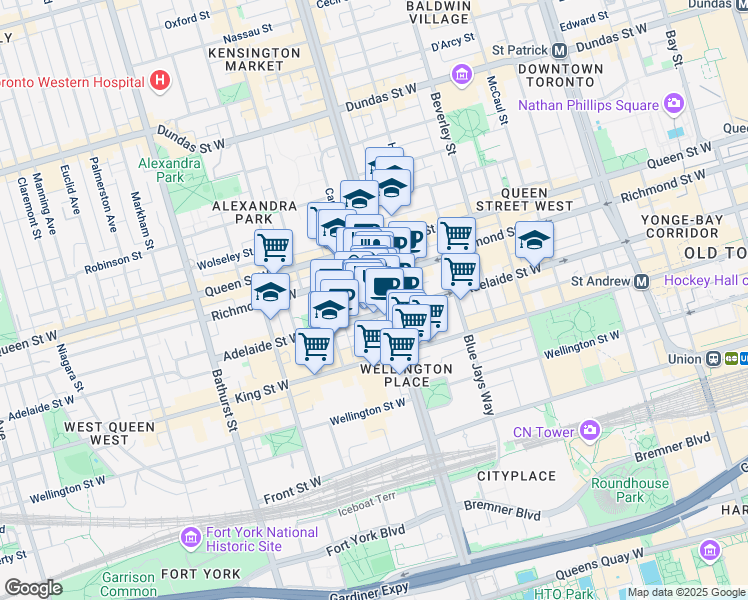 map of restaurants, bars, coffee shops, grocery stores, and more near 96 Spadina Avenue in Toronto