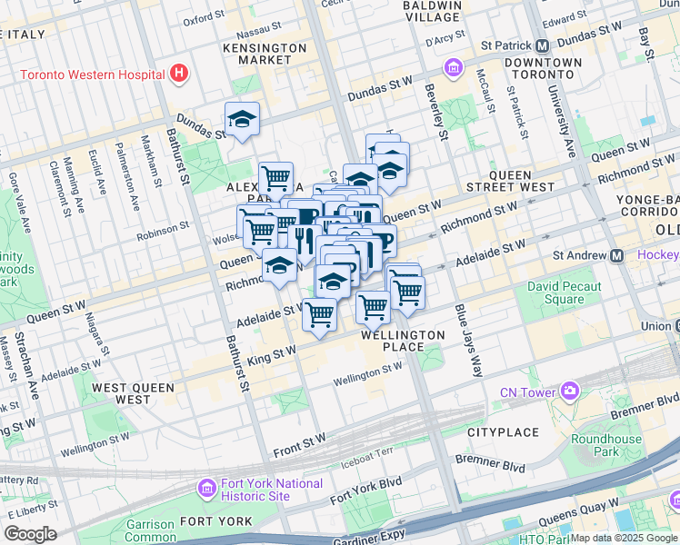 map of restaurants, bars, coffee shops, grocery stores, and more near 42 Camden Street in Toronto