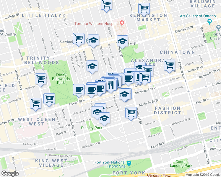 map of restaurants, bars, coffee shops, grocery stores, and more near 2 Palmerston Avenue in Toronto