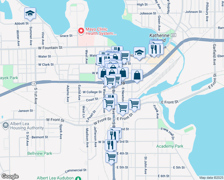 map of restaurants, bars, coffee shops, grocery stores, and more near 340 U.S. 65 in Albert Lea
