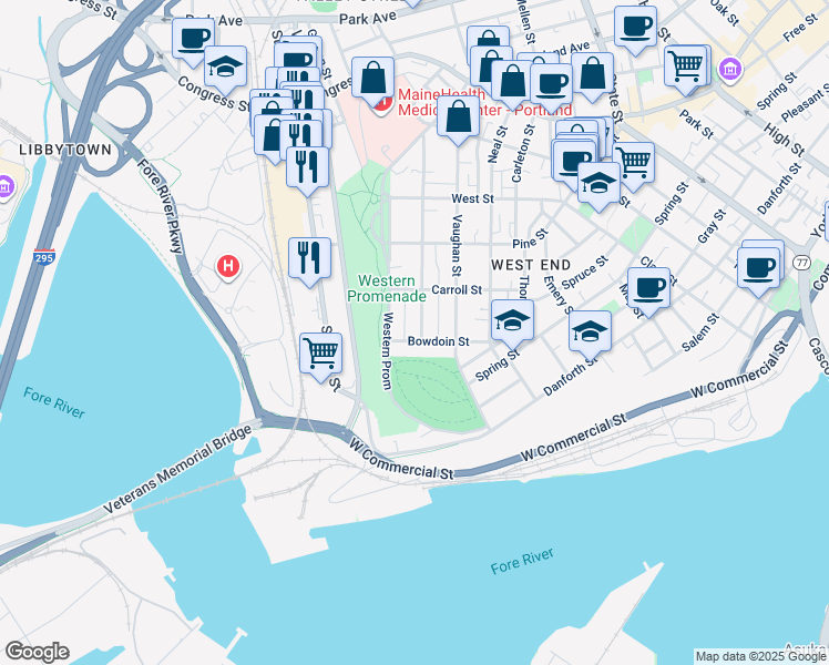 map of restaurants, bars, coffee shops, grocery stores, and more near 55 Bowdoin Street in Portland