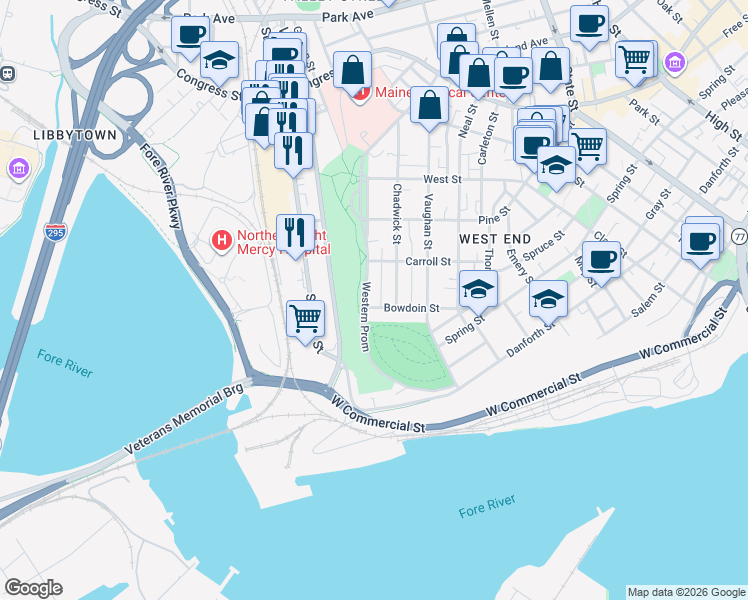 map of restaurants, bars, coffee shops, grocery stores, and more near 55 Bowdoin Street in Portland