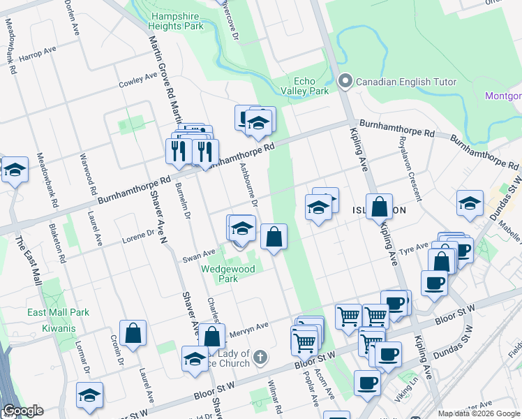 map of restaurants, bars, coffee shops, grocery stores, and more near in Toronto