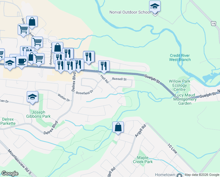map of restaurants, bars, coffee shops, grocery stores, and more near 26 Hall Road in Halton Hills