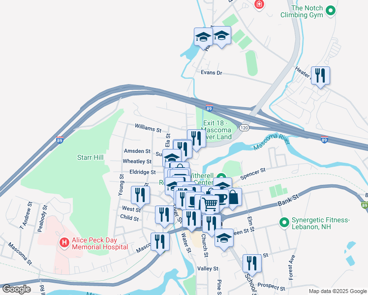 map of restaurants, bars, coffee shops, grocery stores, and more near 114 New Hampshire 120 in Lebanon