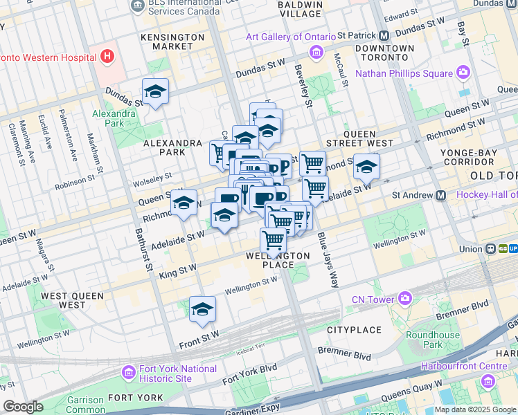 map of restaurants, bars, coffee shops, grocery stores, and more near 96 Spadina Avenue in Toronto